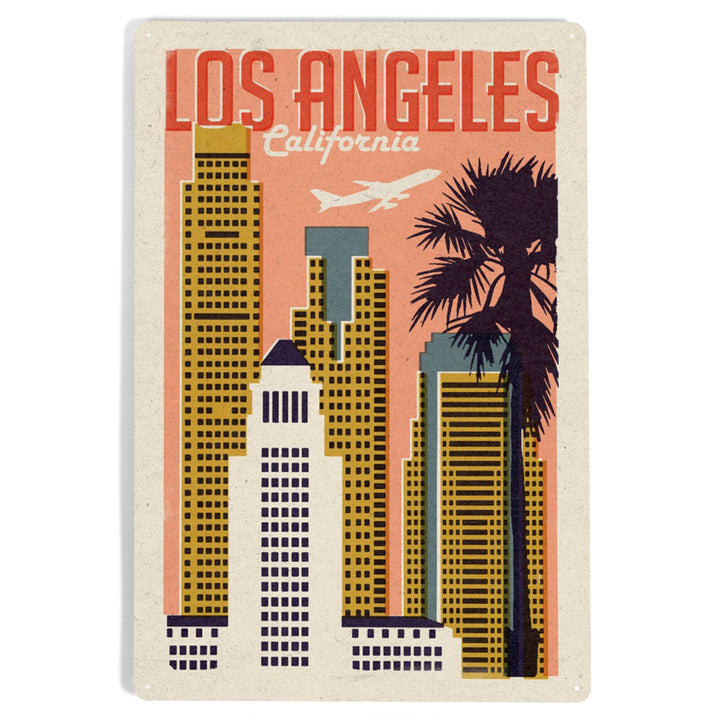 Los Angeles, California, Woodblock City Series, Skyline, 12x18 Metal Sign