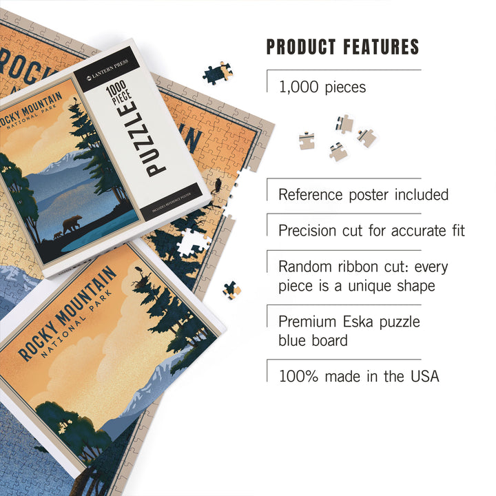 Rocky Mountain National Park, Black Bear and Lake, Lithograph, 1000 Piece Jigsaw Puzzle