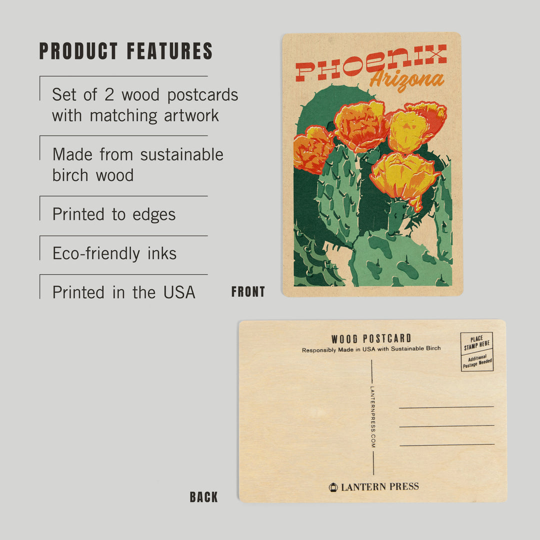 Phoenix, Arizona, Woodblock City Series, Cactus, Wood Sign and Postcards