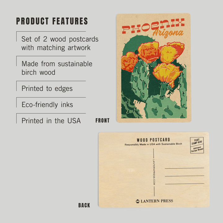 Phoenix, Arizona, Woodblock City Series, Cactus, Wood Sign and Postcards
