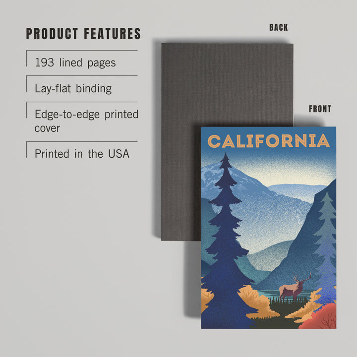 Lined 6x9 Journal, California, Lithograph, Elk and Mountain Scene, Lay Flat, 193 Pages, FSC paper