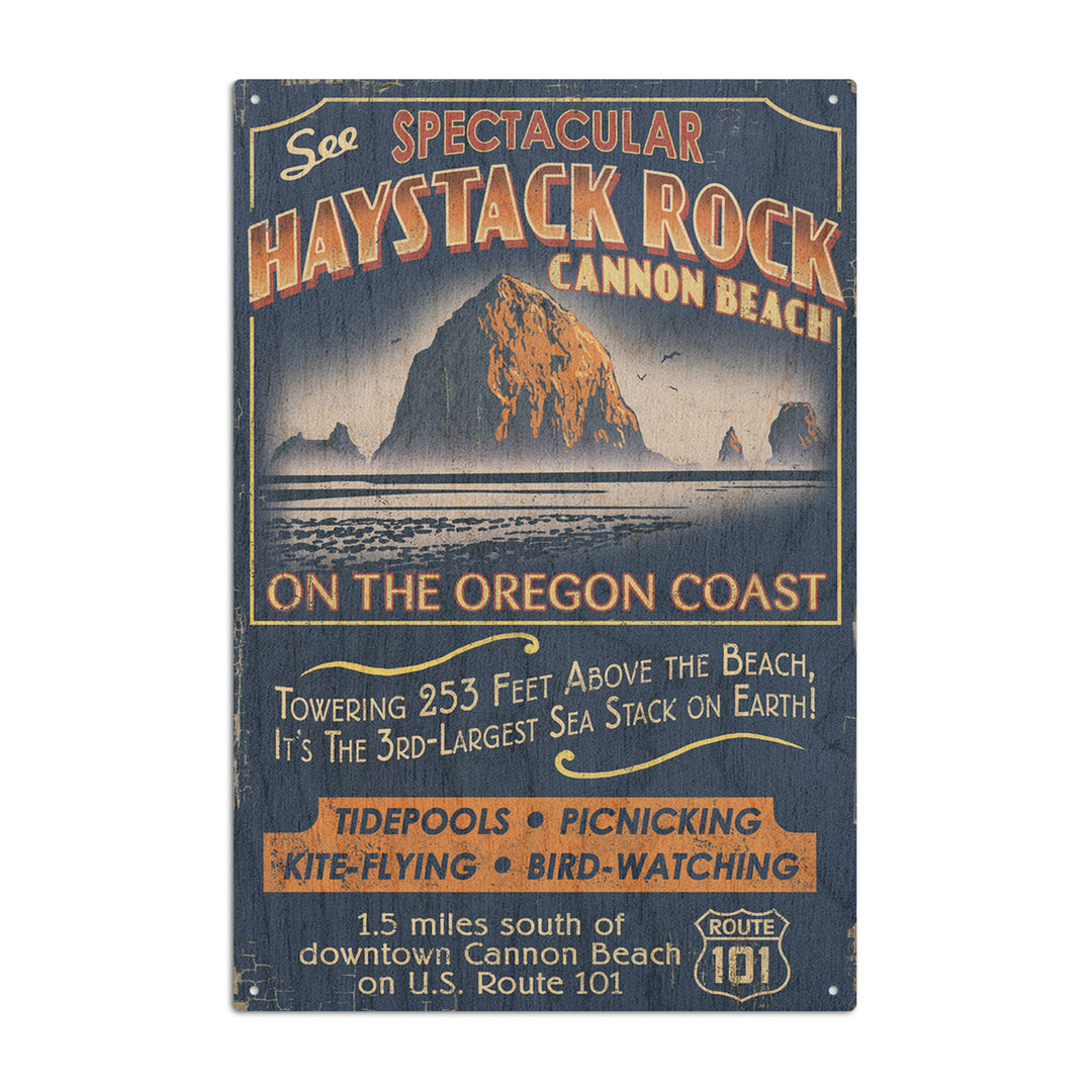 Cannon Beach, Oregon, Haystack Rock Vintage Sign, Lantern Press Artwork, Wood Signs and Postcards