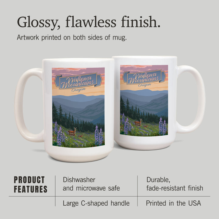 Wallowa Mountains, Oregon, Deer & Spring Flowers, Lantern Press Artwork, Ceramic Mug