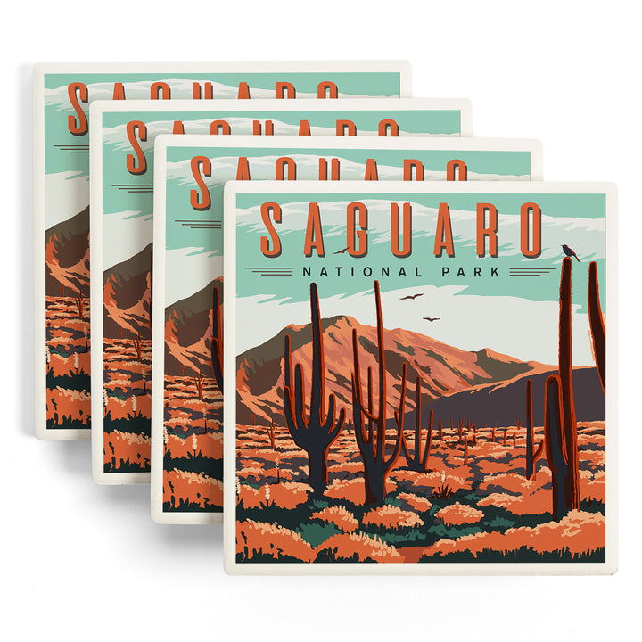Saguaro National Park, Desert Scene with Cactus, Lantern Press Artwork, Coaster Set