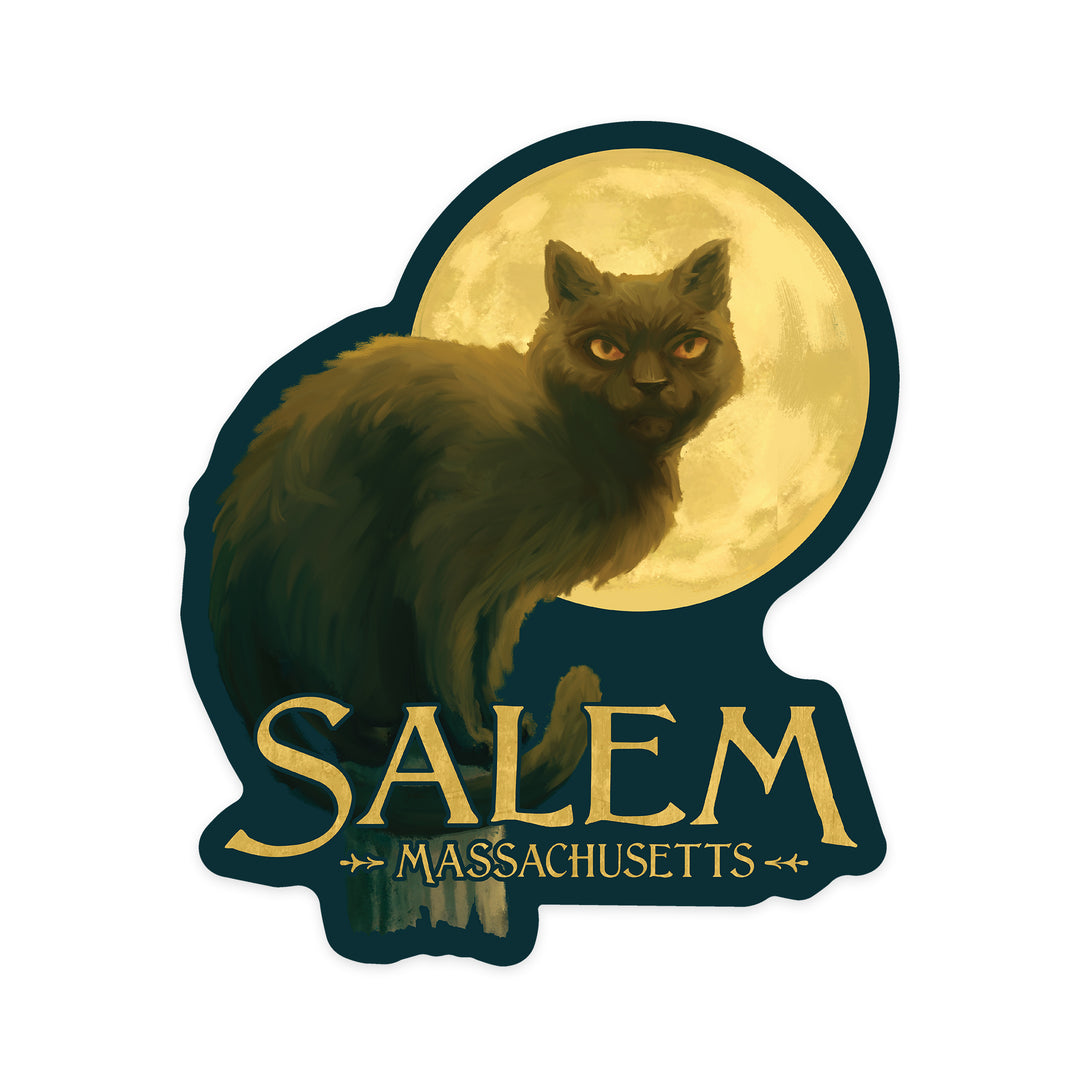Salem, Massachusetts, Black Cat, Halloween Oil Painting, Dark Background, Contour, Lantern Press Artwork, Vinyl Sticker