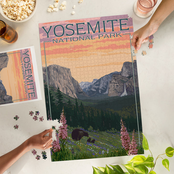 Yosemite National Park, California, Bear and Cubs with Flowers, Jigsaw Puzzle
