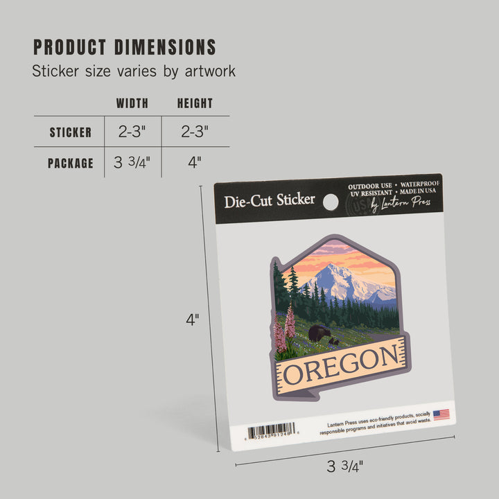 Oregon, Bear, Mountain & Spring Flowers, Contour, Lantern Press Artwork, Vinyl Sticker