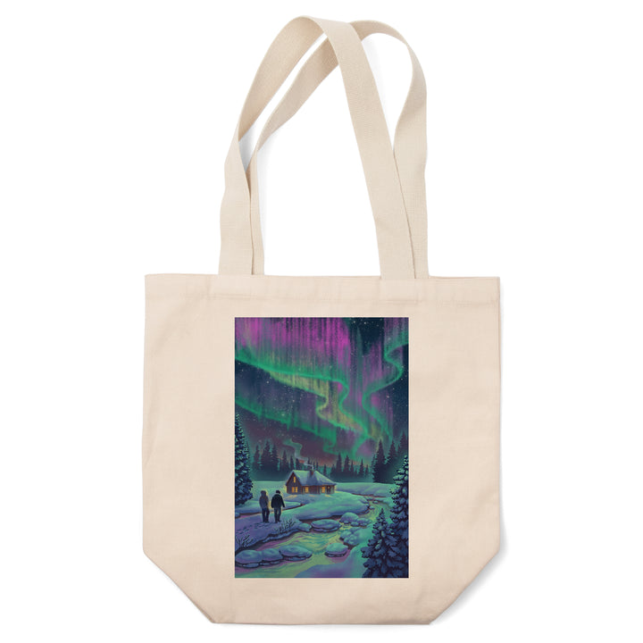 Lithograph, Northern Lights and Cabin, Tote Bag