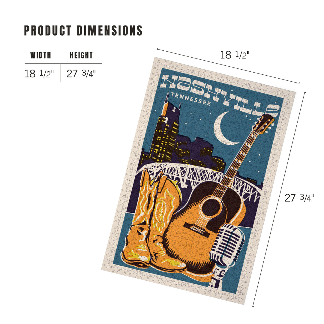 Nashville, Tennessee, Woodblock City Series, Skyline and Guitar, 1000 Piece Jigsaw Puzzle