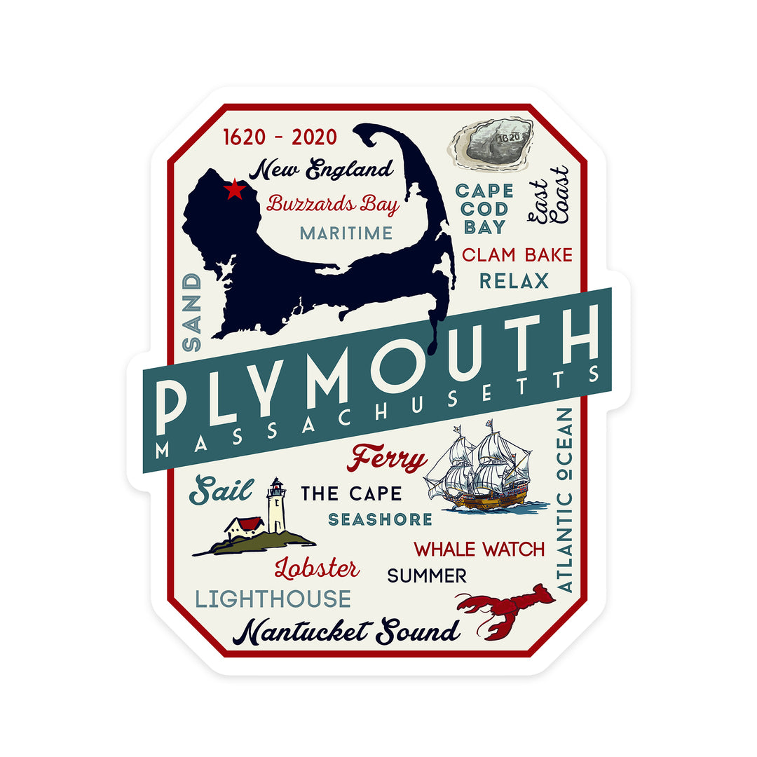 Plymouth, Massachusetts, 1620-2020, Typography & Icons, Contour, Lantern Press Artwork, Vinyl Sticker