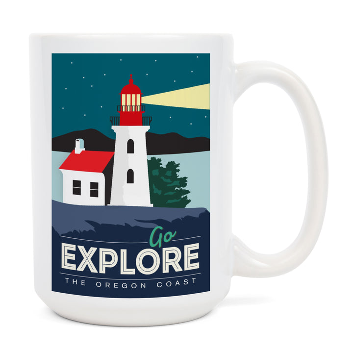 Oregon Coast, Go Explore (Lighthouse), Lantern Press Artwork, Ceramic Mug