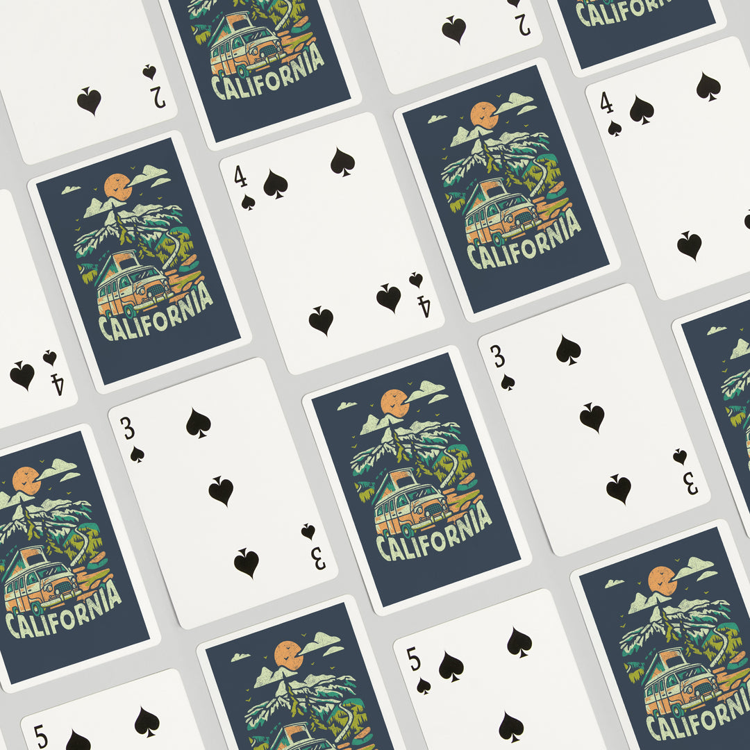 Playing Cards, California, Distressed, Camper Van in the Mountains, 52 Card Deck with Jokers in Box, Unique Art