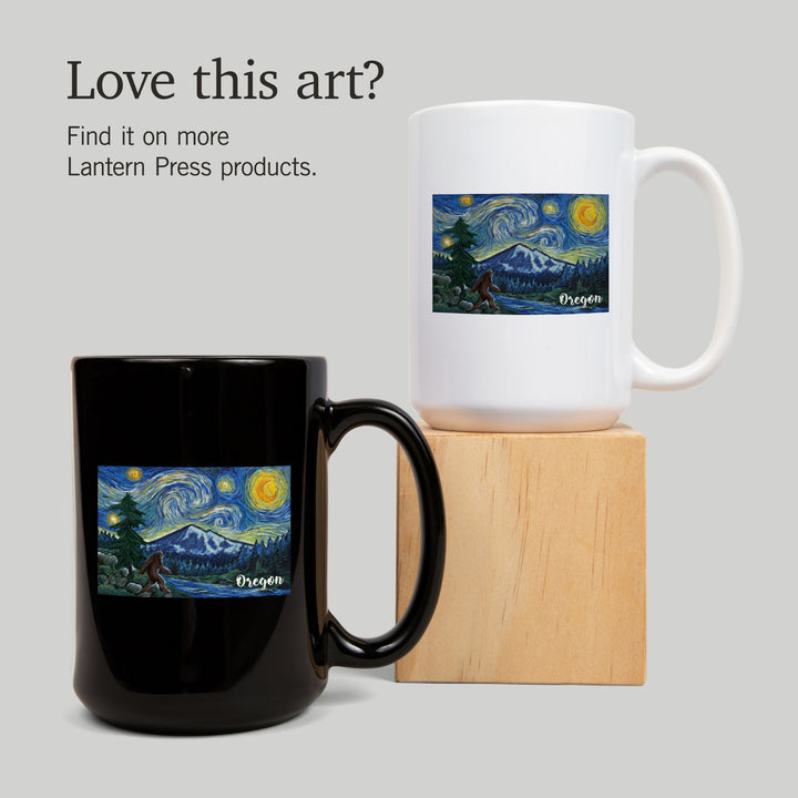 Oregon, Columbia River, Bigfoot, Starry Night, Lantern Press Artwork, Ceramic Mug
