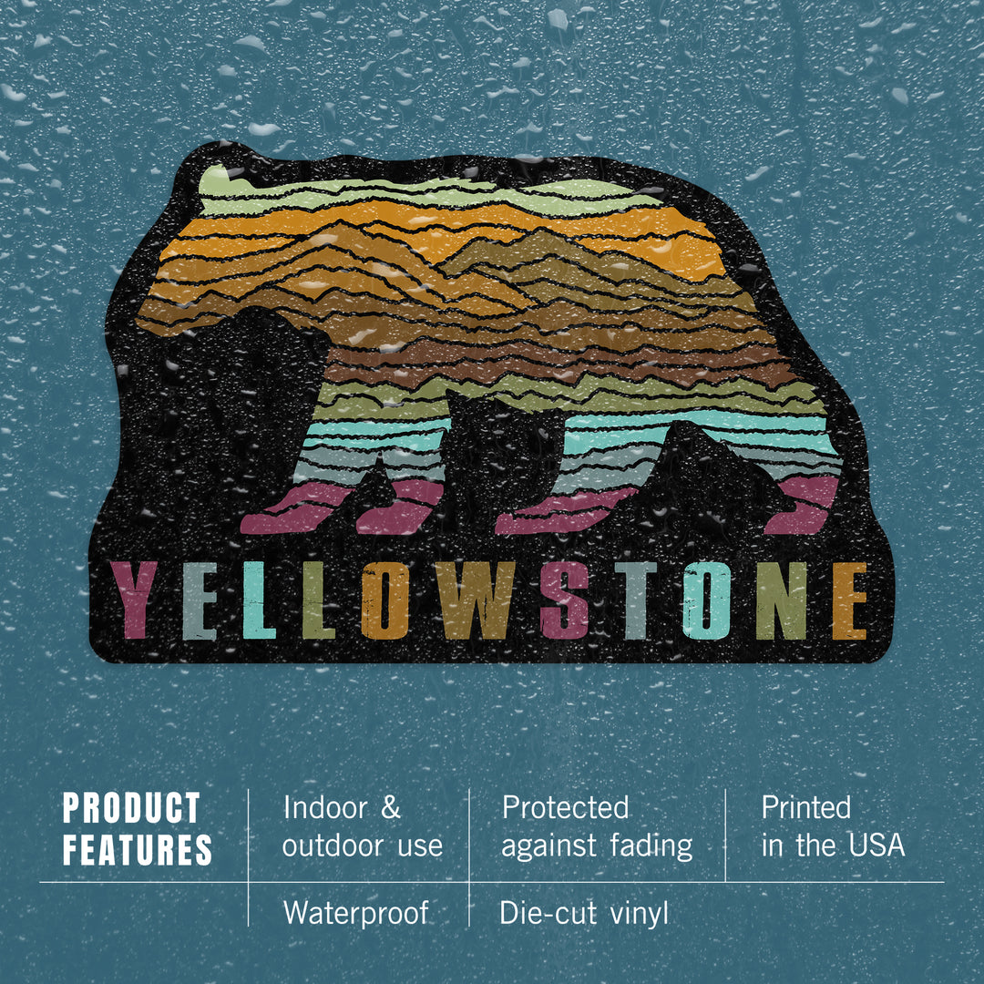 Yellowstone National Park, Wyoming, Black Bear, Abstract Mountain Scene, Contour, Lantern Press Artwork, Vinyl Sticker