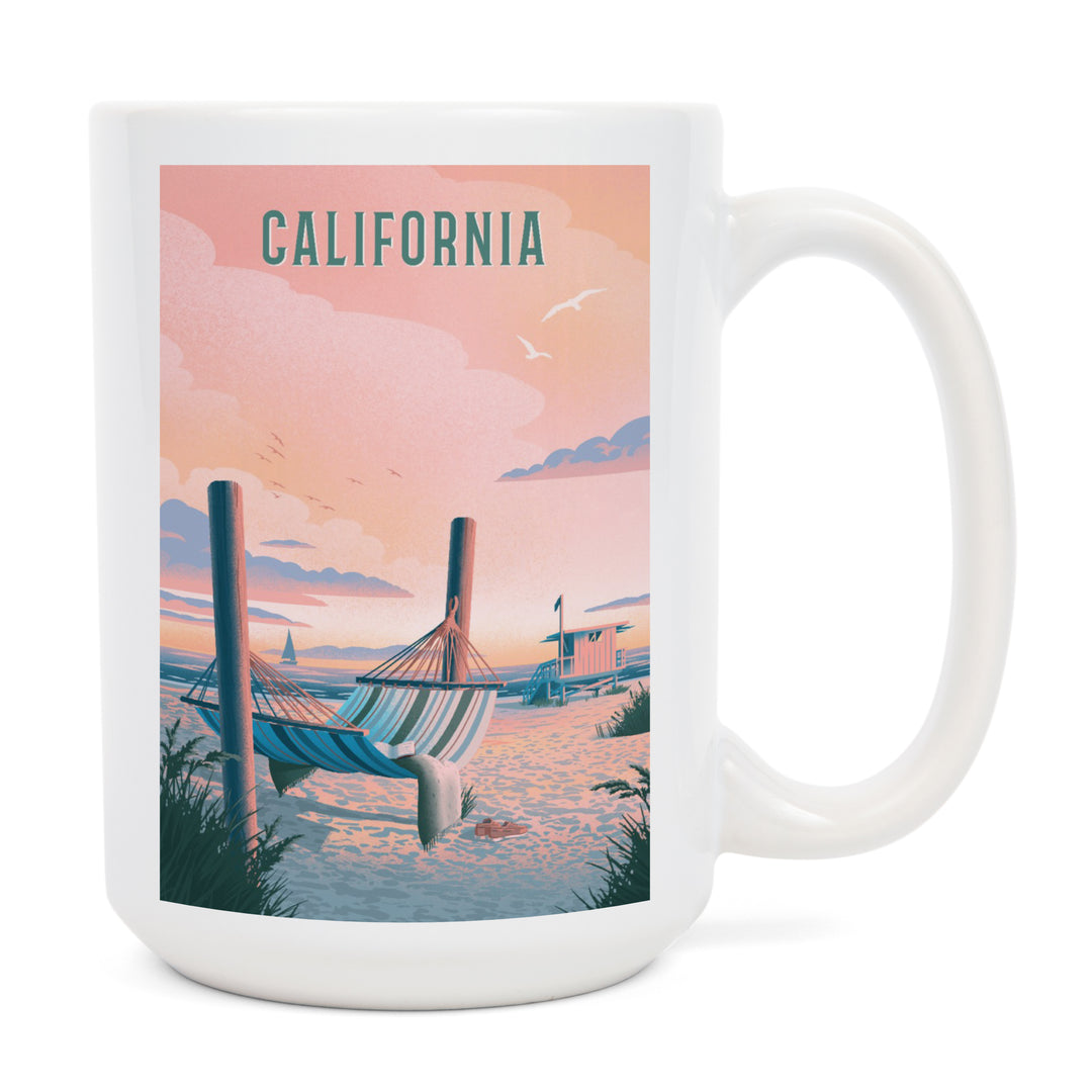 California, Lithograph, Salt Air, No Cares, Hammock on Beach, Ceramic Mug