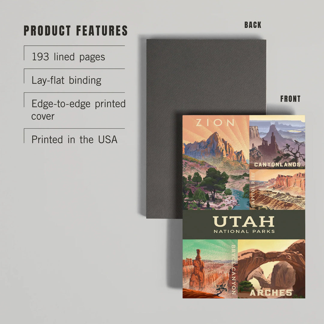Lined 6x9 Journal, Utah's National Parks Collage, Lithograph National Park Series, Lay Flat, 193 Pages, FSC paper