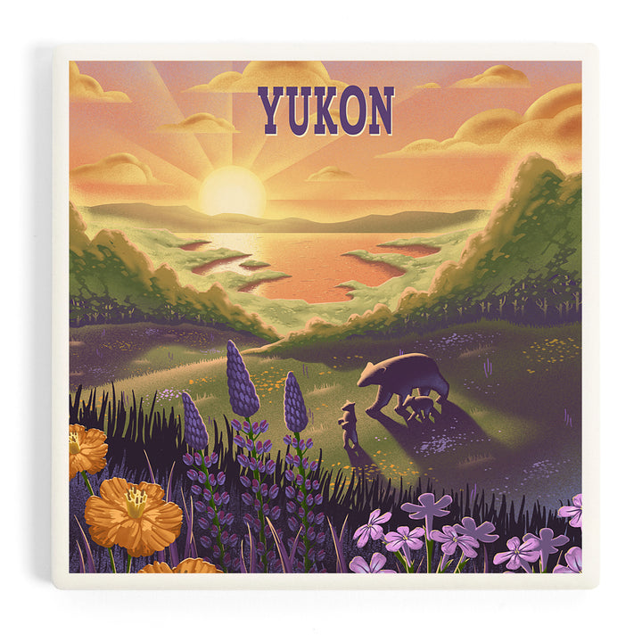 Yukon, Lithograph, Bear and Spring Flowers, Lake, Coasters