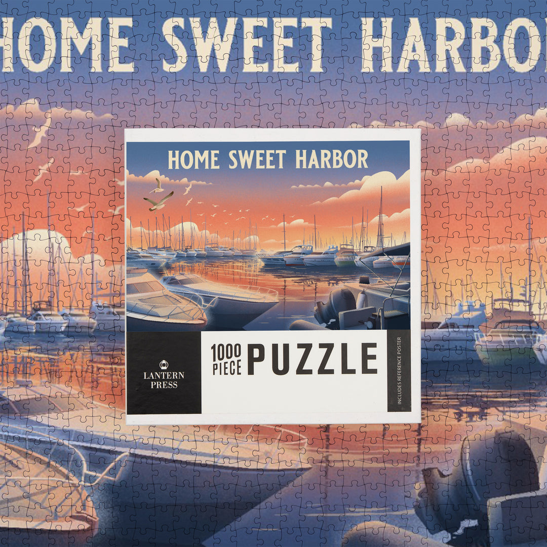Lithograph, Home Sweet Harbor, Boats in Marina, Jigsaw Puzzle