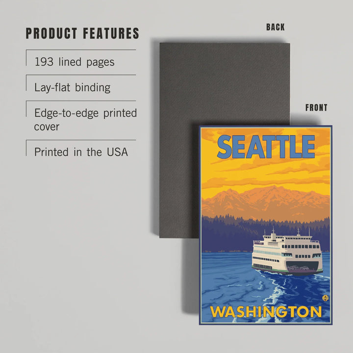 Lined 6x9 Journal, Seattle, Washington, Ferry and Mountains, Lay Flat, 193 Pages, FSC paper