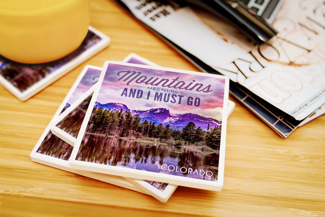 Colorado, John Muir, The Mountains are Calling, Sunset and Lake, Photograph, Coaster Set