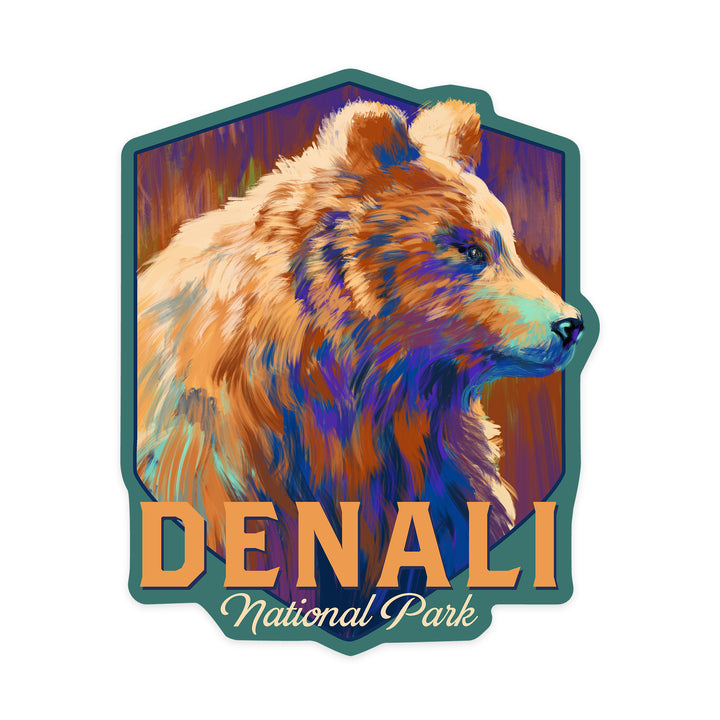 Denali National Park, Alaska, Grizzly Bear, Vivid, Contour, Lantern Press Artwork, Vinyl Sticker