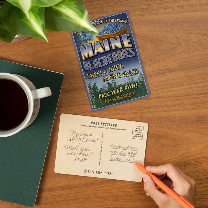 Maine, Blueberries Vintage Sign, Wood Sign and Postcards