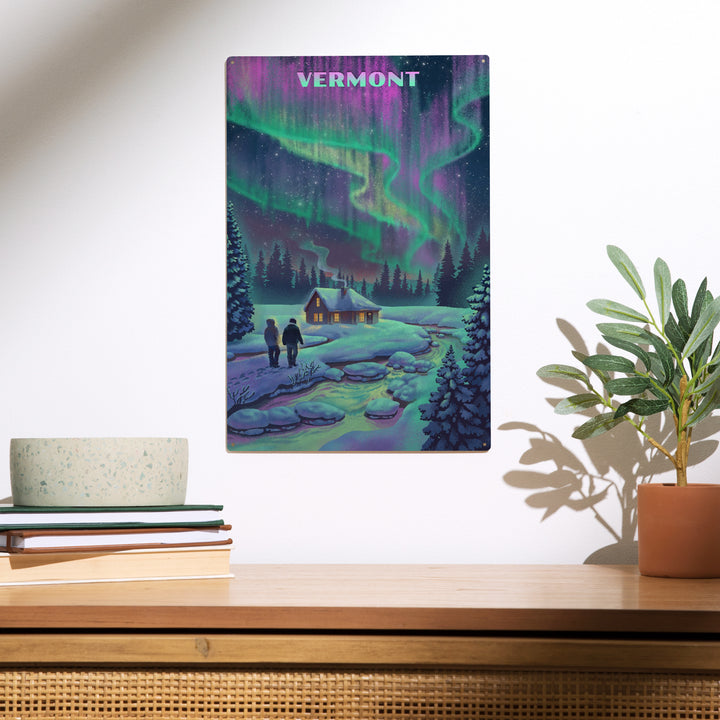 Vermont, Litho, Northern Lights and Cabin, Wood Sign and Postcards