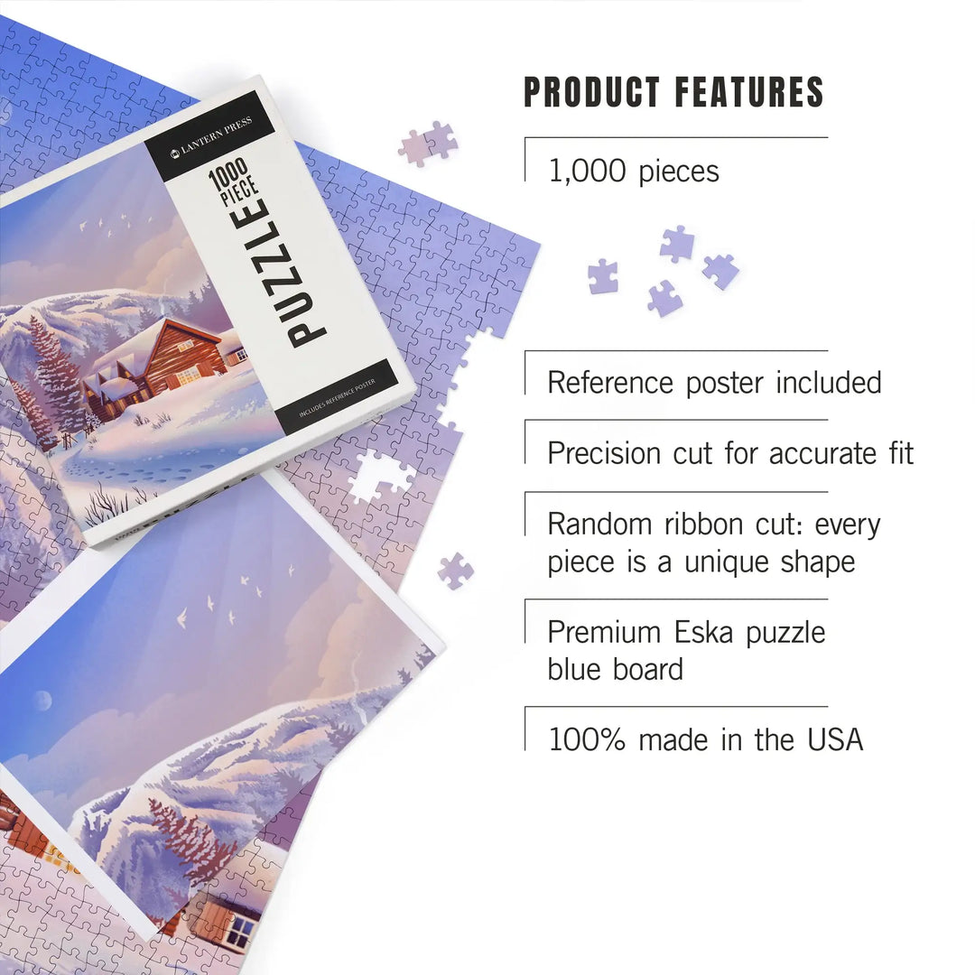 Lithograph, Mountain Lodge, Winter Scene, Jigsaw Puzzle