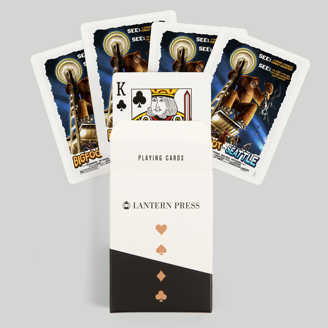 Playing Cards, Seattle, Washington, Bigfoot vs Seattle, 52 Card Deck with Jokers in Box, Unique Art