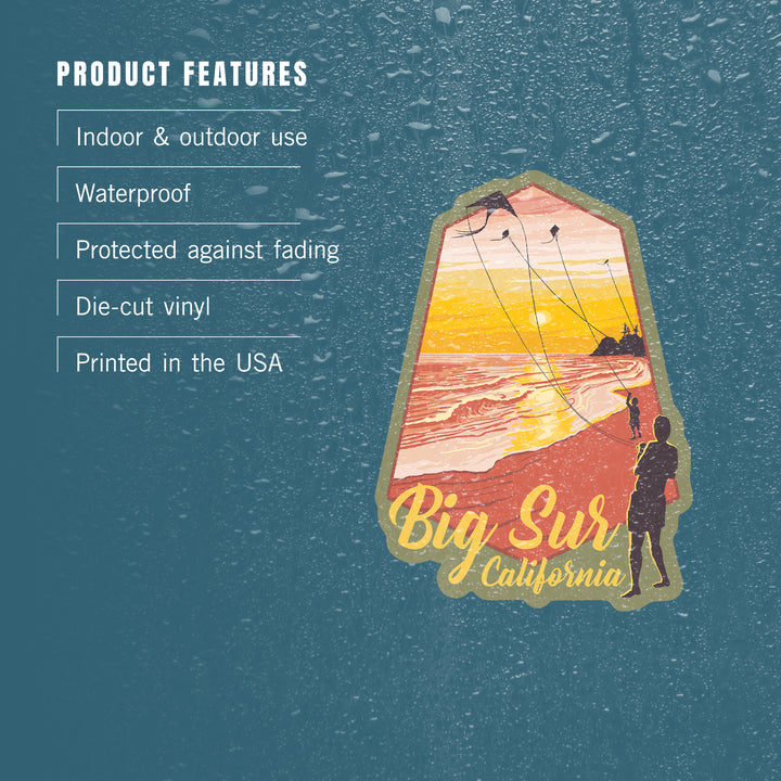 Big Sur, California, Kite Flyers at Sunset, Contour, Lantern Press Artwork, Vinyl Sticker