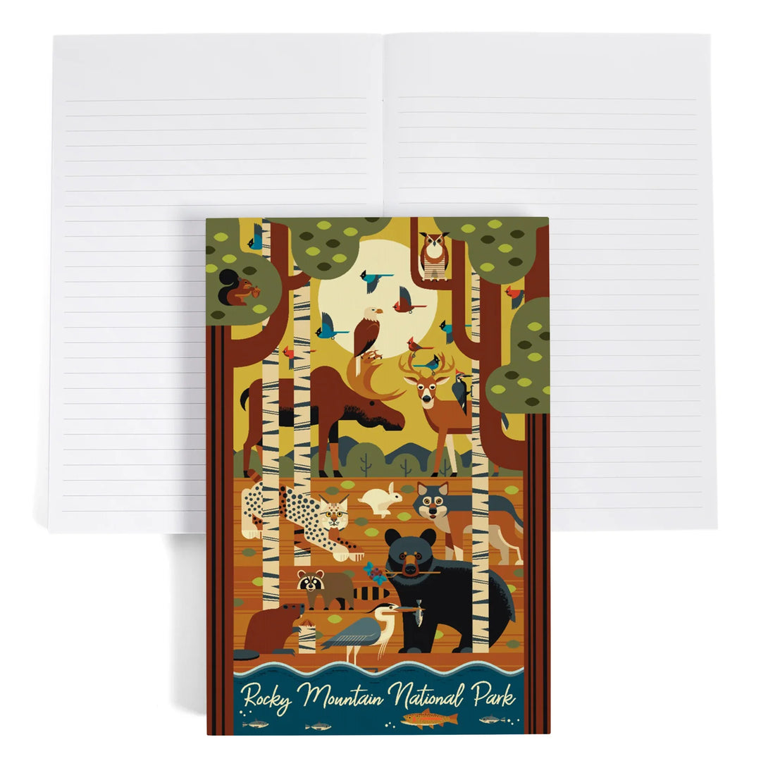 Lined 6x9 Journal, Rocky Mountain National Park, Colorado, Geometric, Forest Animals, Lay Flat, 193 Pages, FSC paper