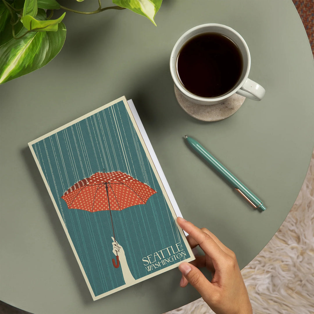 Lined 6x9 Journal, Seattle, Washington, Umbrella Letterpress, Lay Flat, 193 Pages, FSC paper