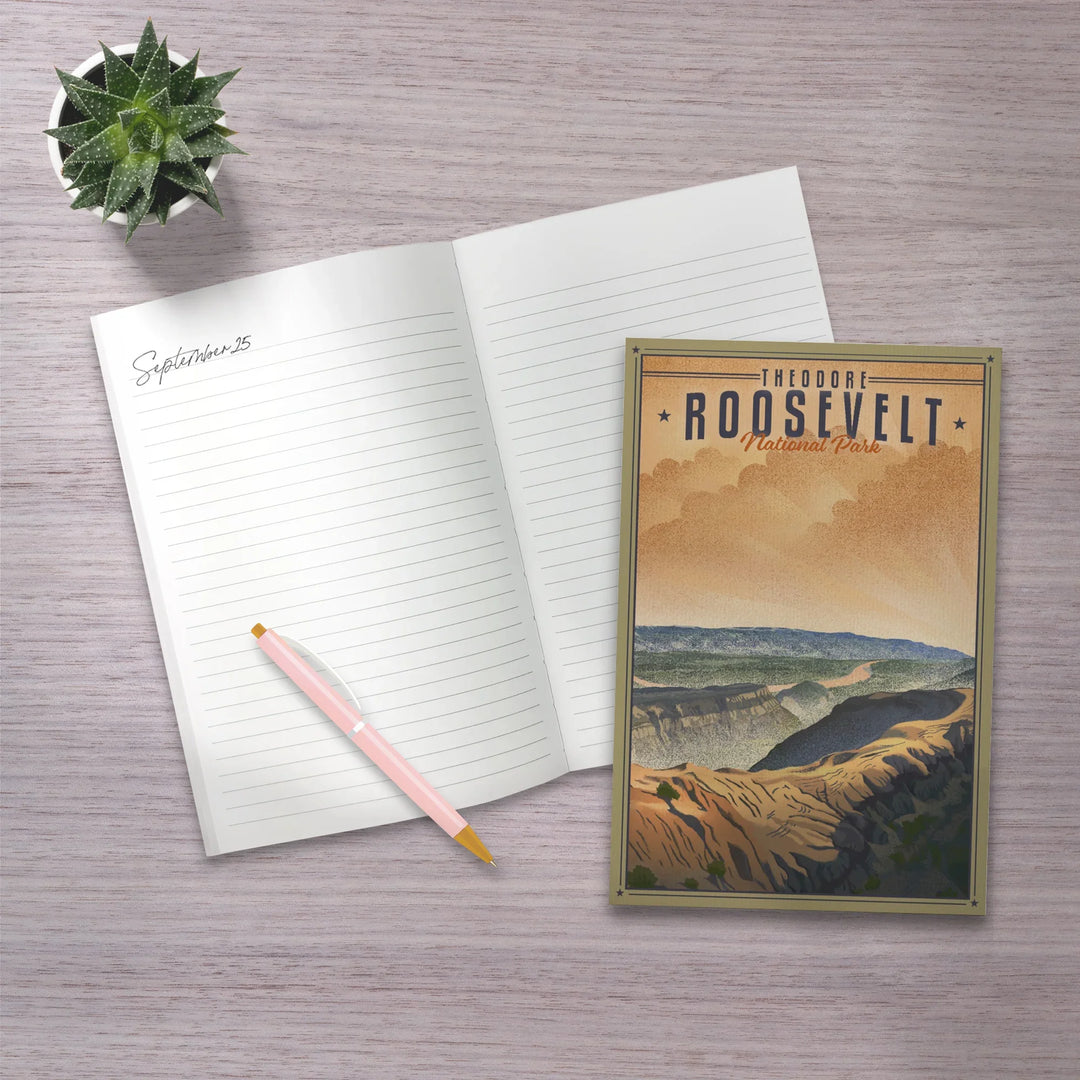 Lined 6x9 Journal, Theodore Roosevelt National Park, North Dakota, Lithograph National Park Series, Lay Flat, 193 Pages, FSC paper