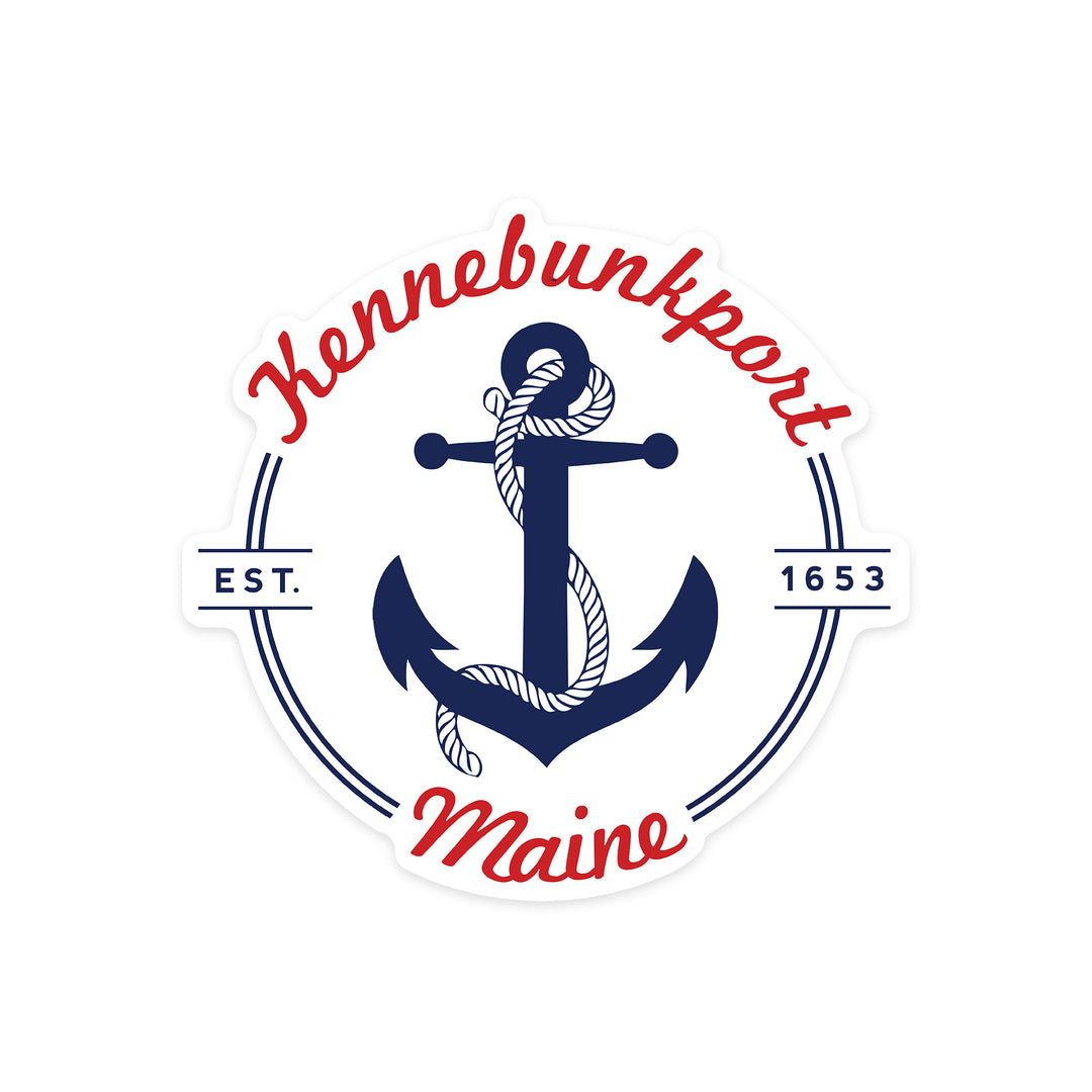 Kennebunkport, Maine, Blue and White Anchor, Red Font, Contour, Vinyl Sticker