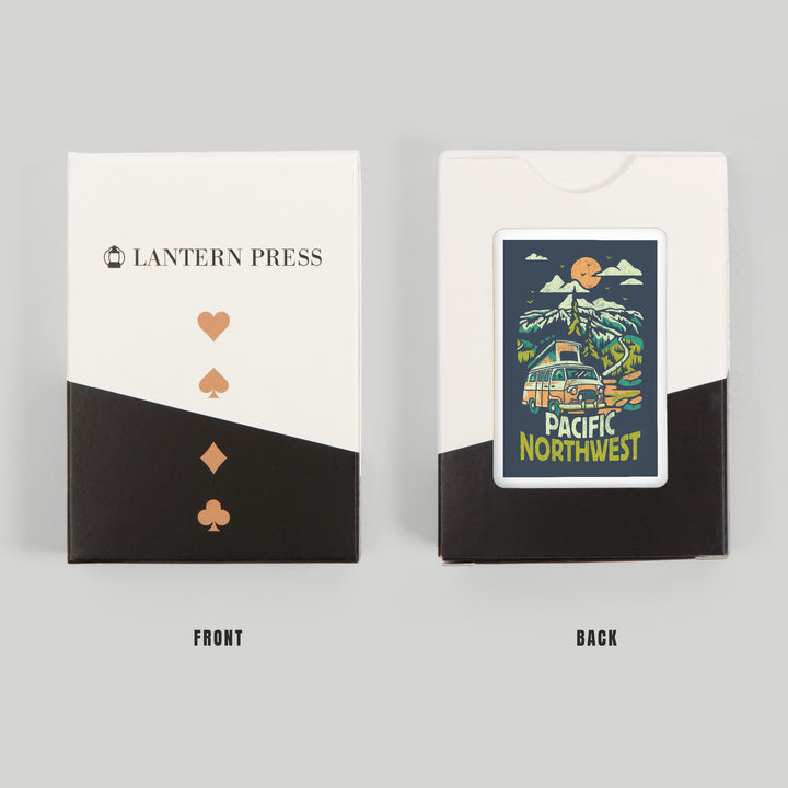 Playing Cards, Pacific Northwest, Distressed Vector, Camper Van in the Mountains, 52 Card Deck with Jokers in Box, Unique Art