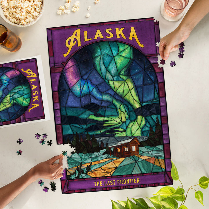 Alaska, Cabin And Northern Lights, Stained Glass, Jigsaw Puzzle