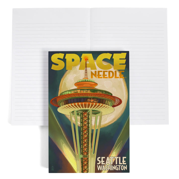 Lined 6x9 Journal, Seattle, Washington, Space Needle and Full Moon, Lay Flat, 193 Pages, FSC paper