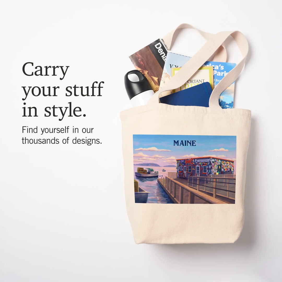 Maine, Oil Painting, Looking Out Onto Harbor, Tote Bag