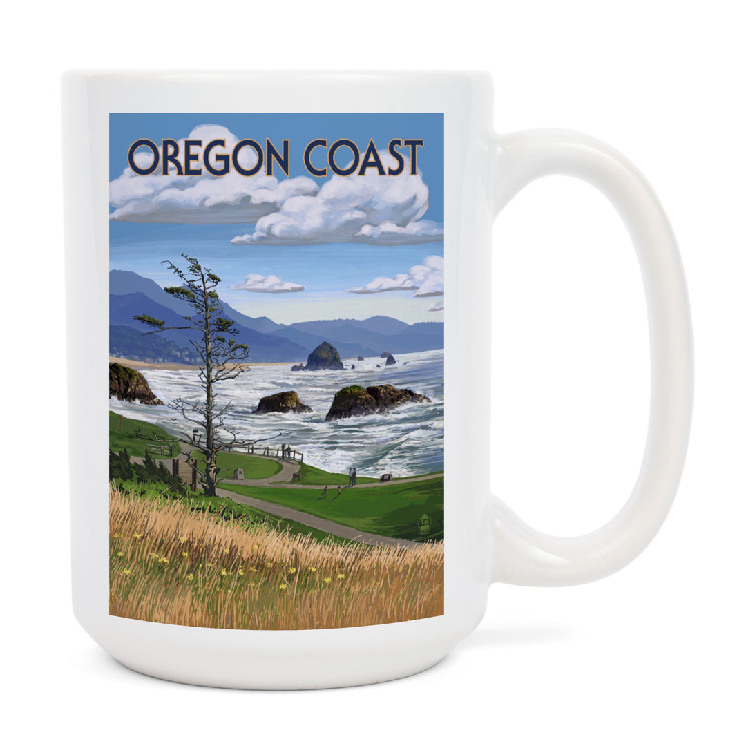 Oregon Coast, Haystack Rock Scene, Lantern Press Artwork, Ceramic Mug