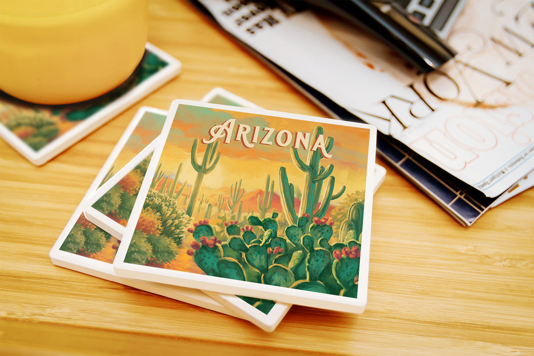 Arizona, Desert Cactus, Oil Painting, Coaster Set