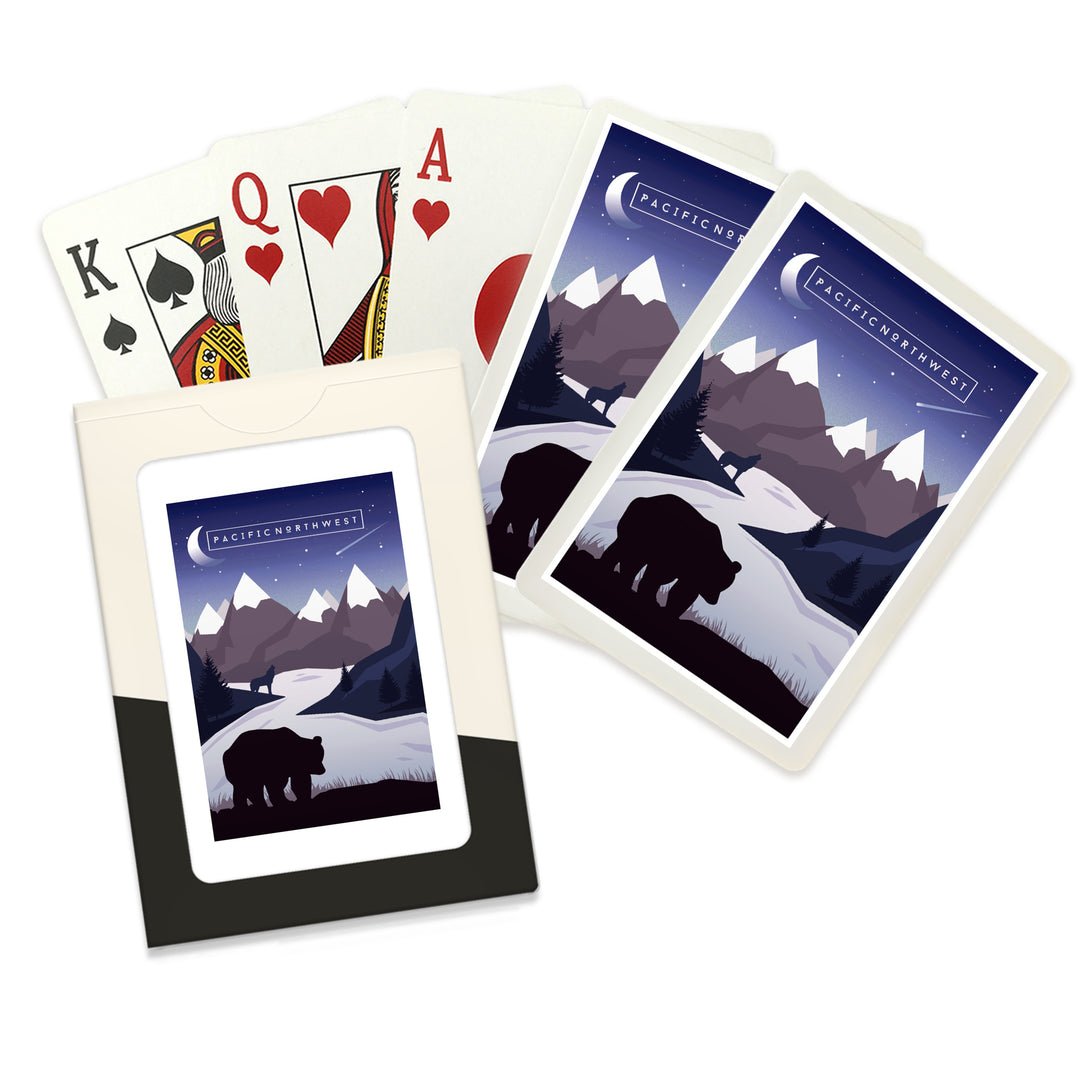 Playing Cards, Pacific Northwest, Bear and Mountain Silhouette, Night, Purple, 52 Card Deck with Jokers in Box, Unique Art