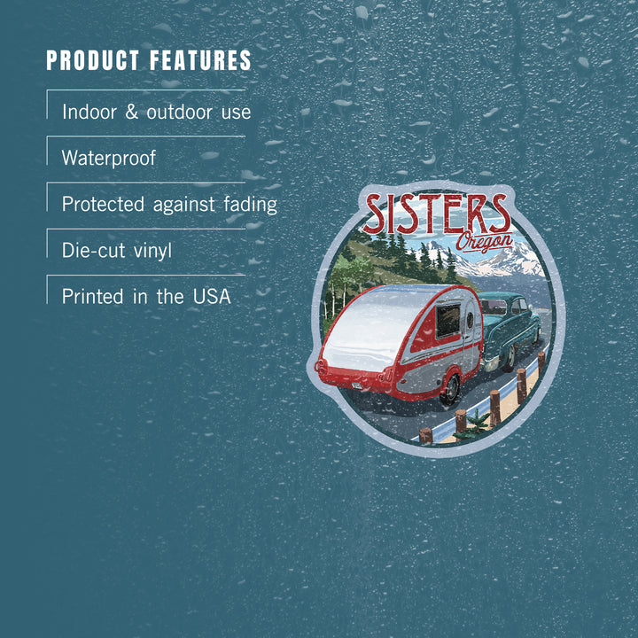 Sisters, Oregon, Retro Camper on Road, Contour, Vinyl Sticker