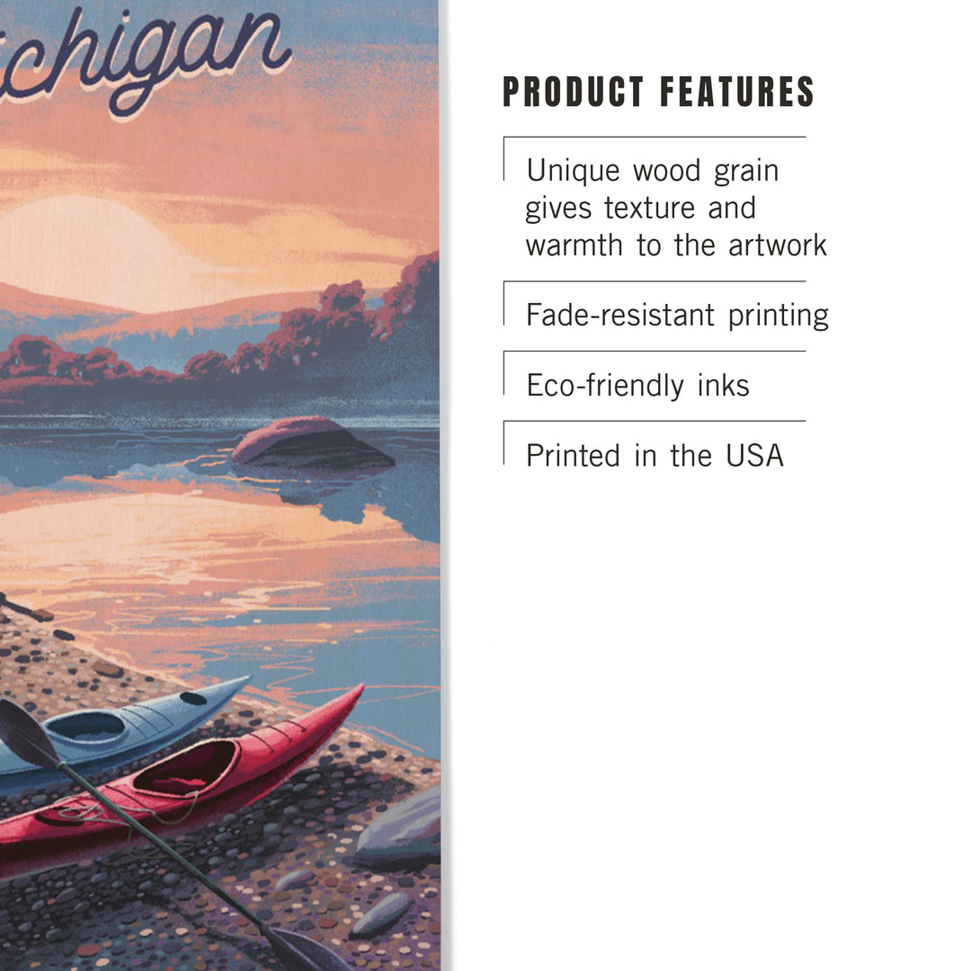 Michigan, Glassy Sunrise, Kayak, Wood Signs and Postcards