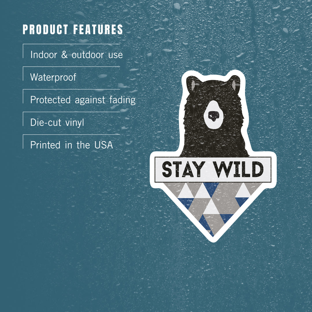 Stay Wild, Bear & Triangles, Blue, Contour, Lantern Press Artwork, Vinyl Sticker