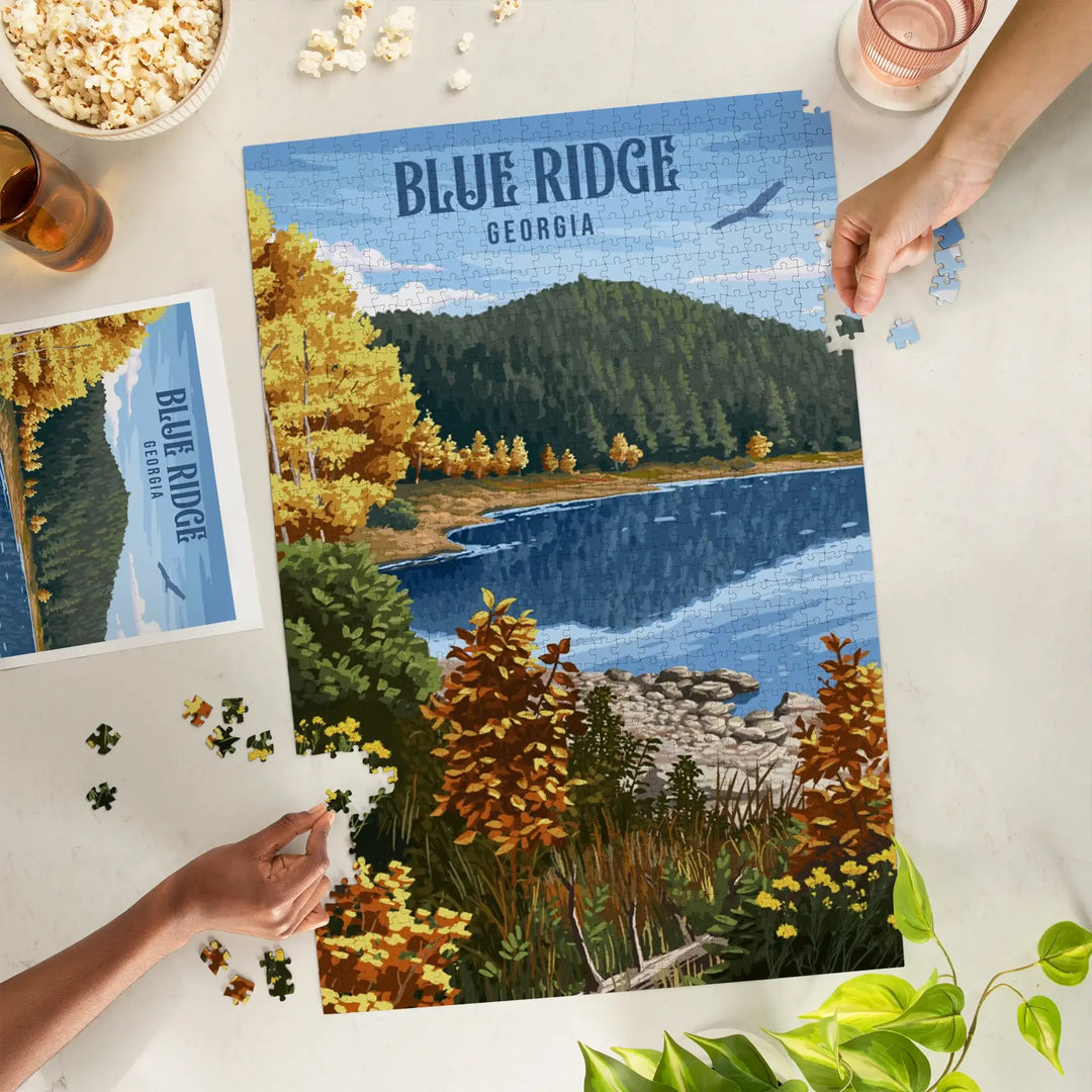Blue Ridge, Georgia, Painterly, Autumn Lake Scene, Jigsaw Puzzle