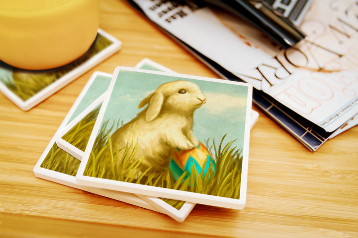 Easter Bunny, Oil Painting, Coaster Set