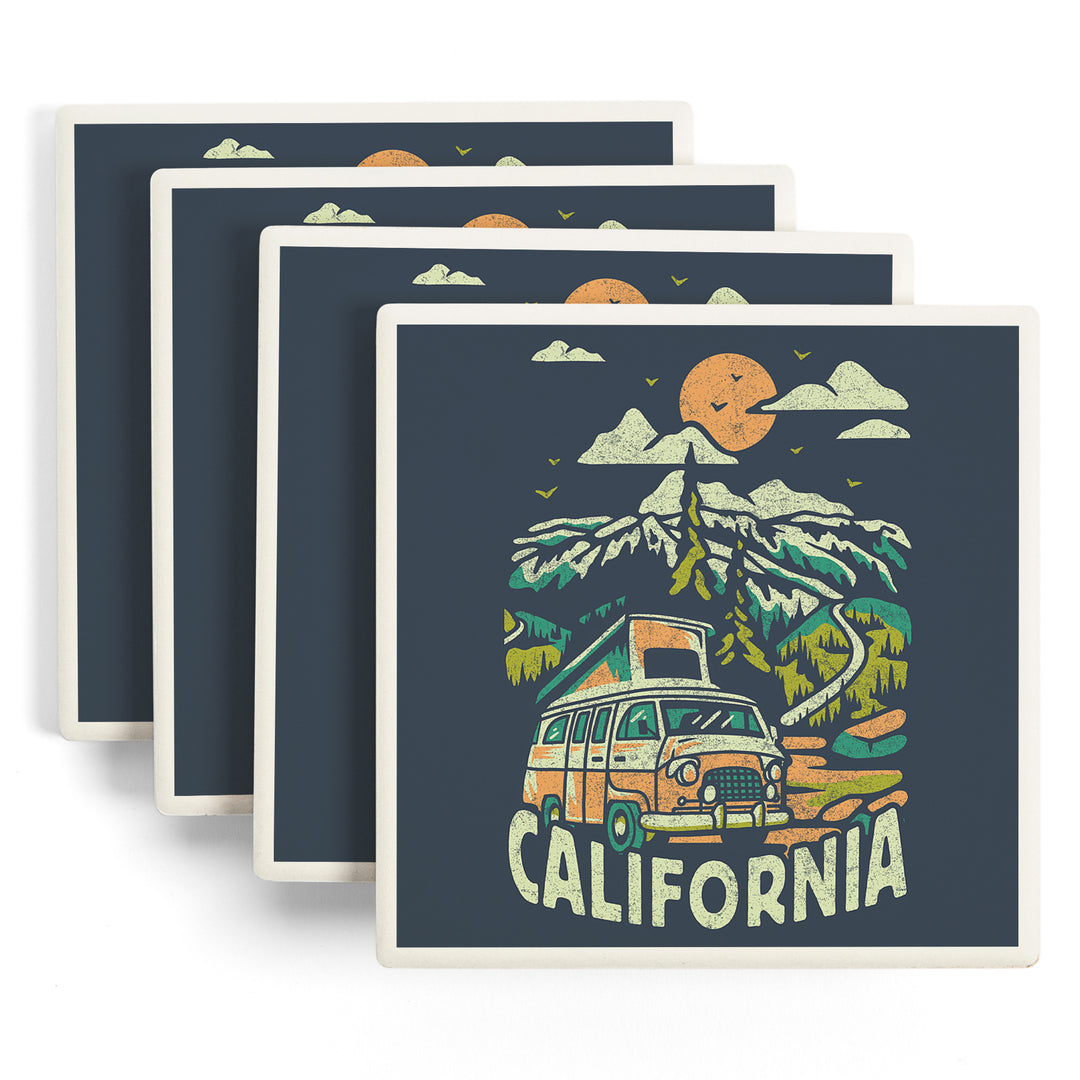 California, Distressed, Camper Van in the Mountains, Coaster Set