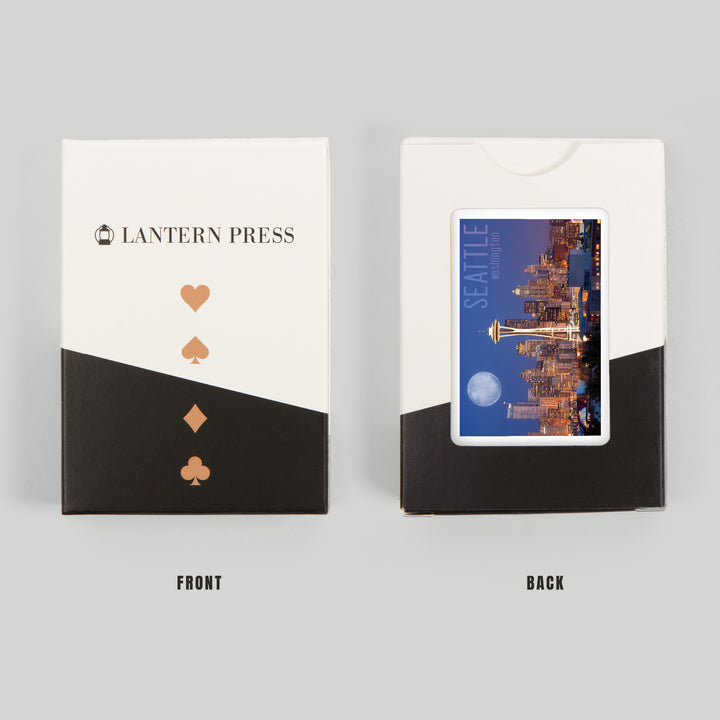 Playing Cards, Seattle, Washington, Skyline and Full Moon, 52 Card Deck with Jokers in Box, Unique Art