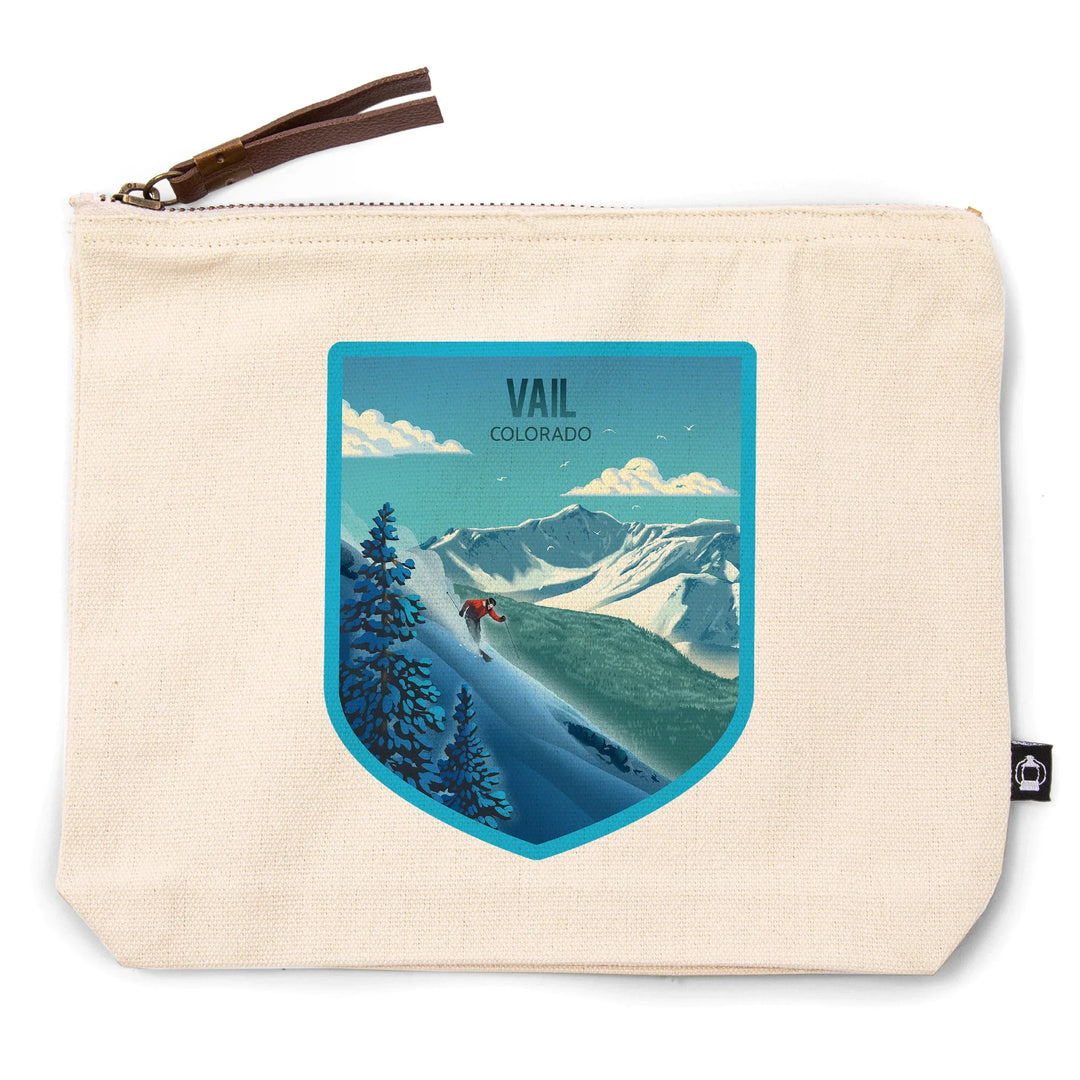 Vail, Colorado, Lithograph, Downhill Skier, Organic Cotton Zipper Pouch, Go Bag