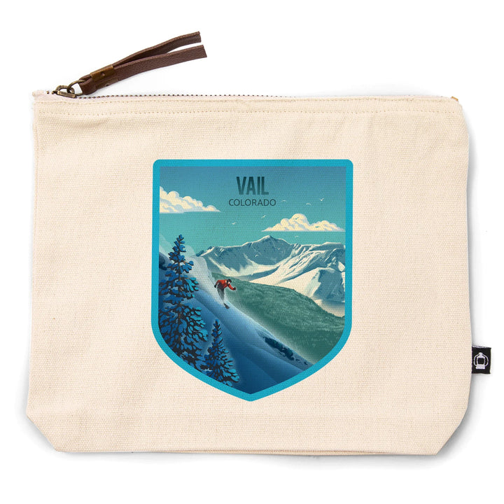 Vail, Colorado, Lithograph, Downhill Skier, Organic Cotton Zipper Pouch, Go Bag